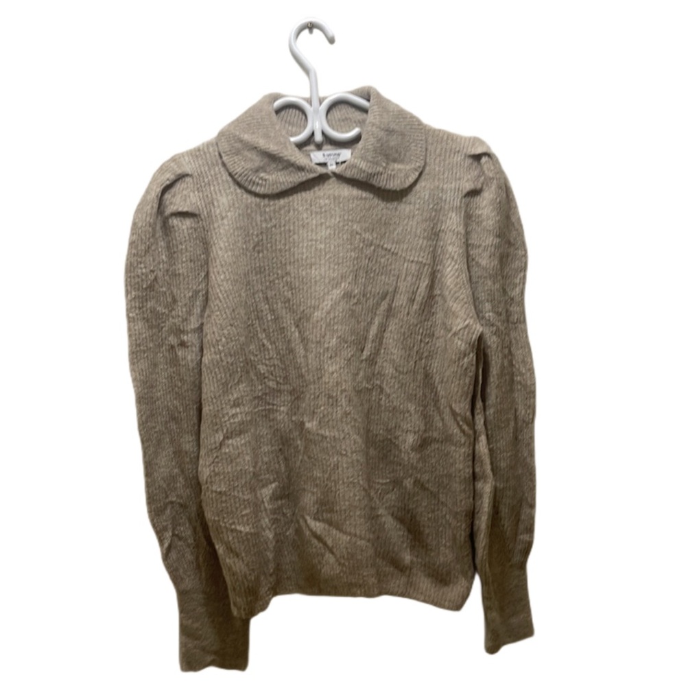 B. young Tan Crew Neck Sweater with Long Sleeves and Peter Pan Collar